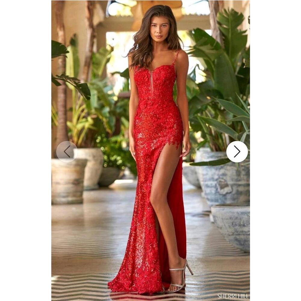NWT Sherri Hill Red Sequin Gown size 12 corset back High lace Slit #54838